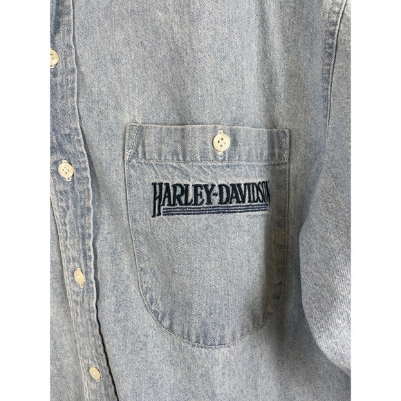 Harley Davidson Embroidered Logo Long Sleeve Button Up Denim Shirt Blue Mens S - Picture 2 of 10